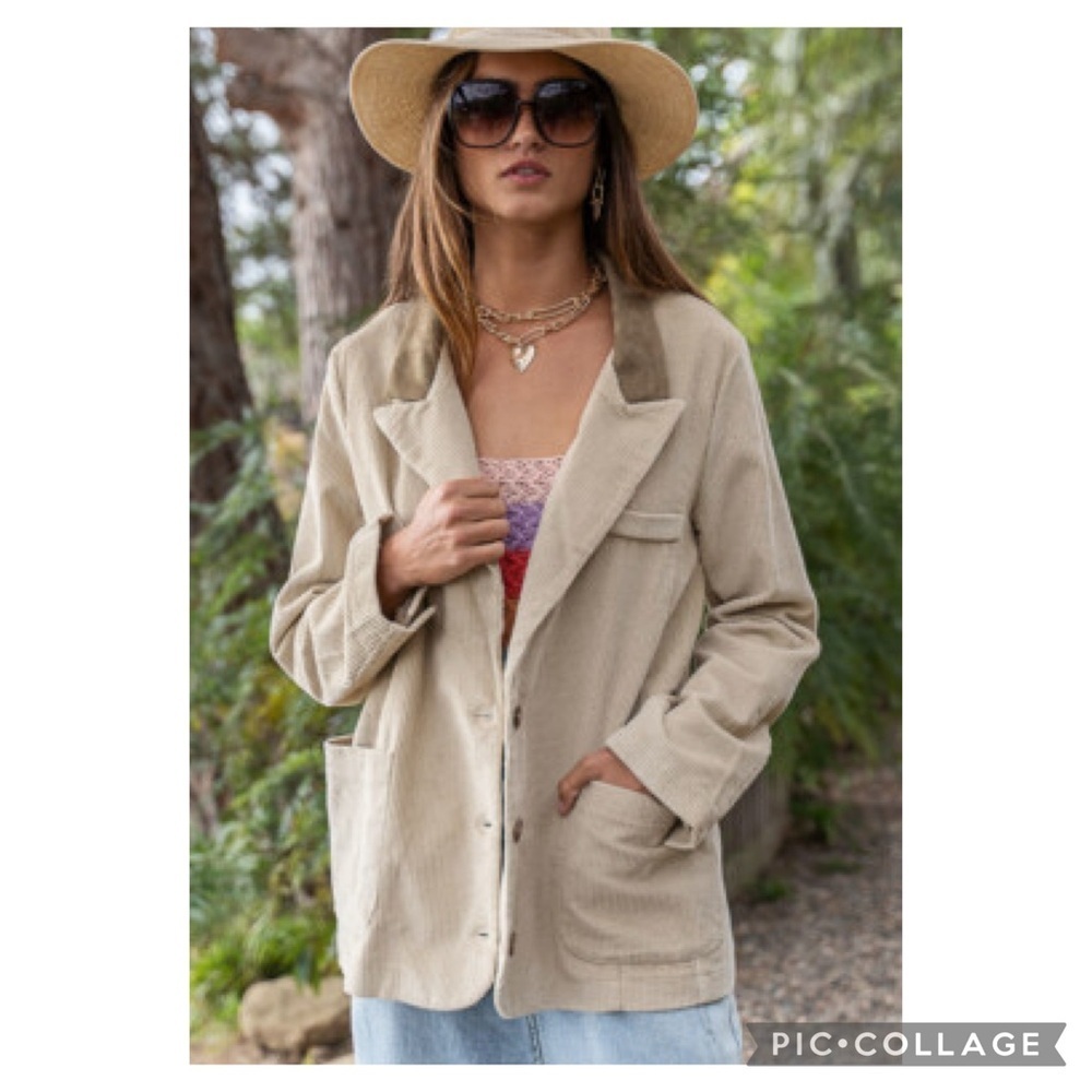 POL Clothing Mocha Beige Corduroy Blazer with Contrasting Brown Collar Size M - Picture 6 of 15